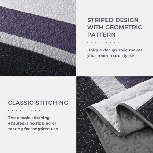 Cottolester Boho King Size Quilt Set,Black Purple Striped Bedsperads Set