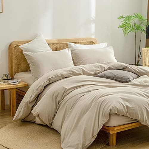 BESTOUCH Cotton Solid Duvet Cover Set Linen Feel Almond Milk Grey Full