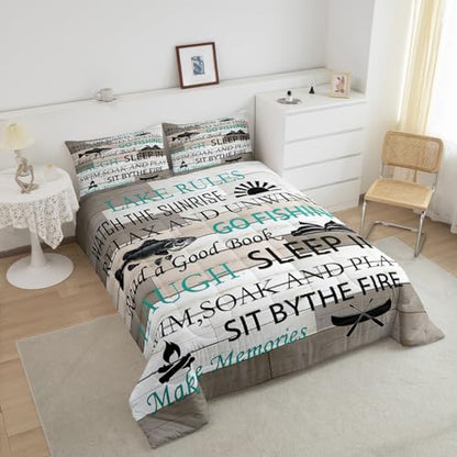 Lake House Bedding Set Full Size,Fishing and Boating Comforter Set 3pcs Kids Teens Boys Men Bedroom Decor Rustic Farmhouse Wood Quilted Duvet Outdoor Adventure Camper Duvet Insert,2 Pillowcases