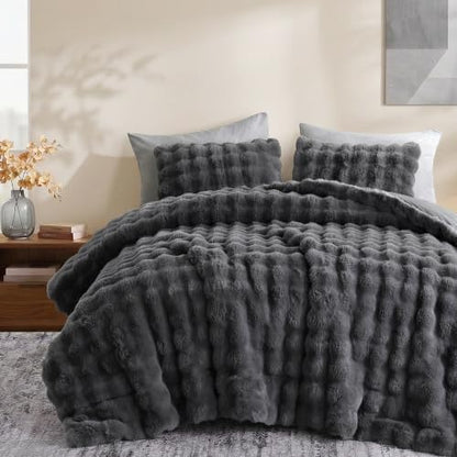 Smoofy Fluffy Faux Rabbit Fur Bubble Comforter Twin Size - Dark Grey