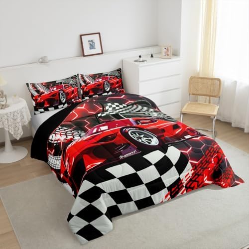 Toddler Race Car Bed for Boys,Red Neon Lights Honeycomb Toddler Bedding Sets for Boys Cool Sports Car Glitter Beehive Geometric Hexagon Comforter Set,Black White Grid Quilt Buffalo Plaid Decor
