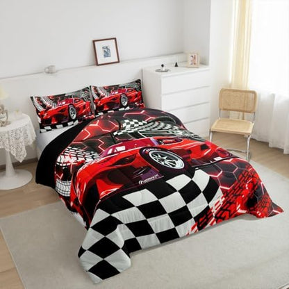 Toddler Race Car Bed for Boys,Red Neon Lights Honeycomb Toddler Bedding Sets for Boys Cool Sports Car Glitter Beehive Geometric Hexagon Comforter Set,Black White Grid Quilt Buffalo Plaid Decor
