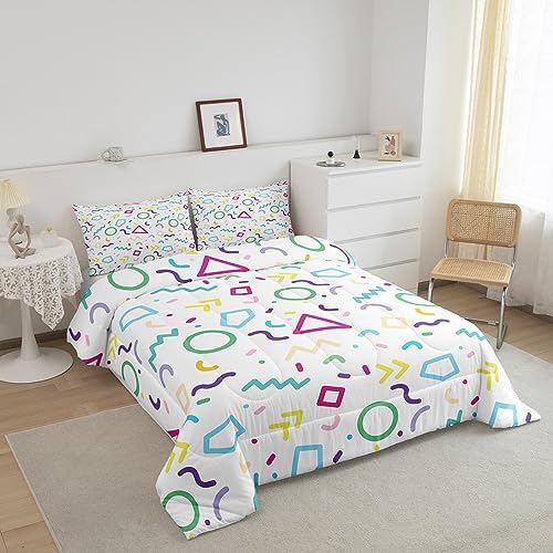 Manfei Memphis Comforter Set Queen Size, Colorful Geometric Vintage Bedding Set 3pcs for Kids Boy Girls, Retro 80s or 90s Fashion Style Quilt Set Soft Polyester Duvet Set with 2 Pillowcases