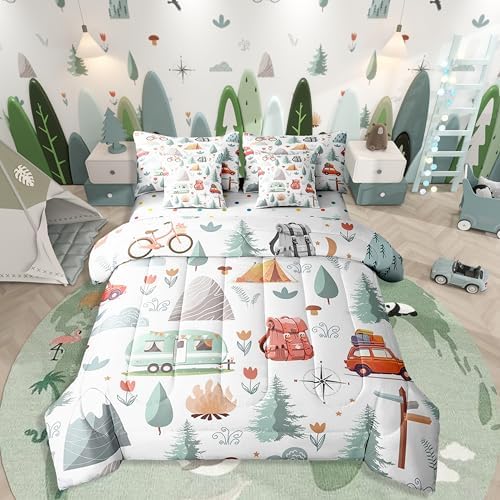 Erosebridal Kids Camper Theme 7 Pcs Comforter Set Twin Bed in a Bag,Happy Camping Bedding Set,Travel Car Rv Accessories Down Comforter,Botanical Flowers Mountain Adventure Quilt,Cute Camper Sheets