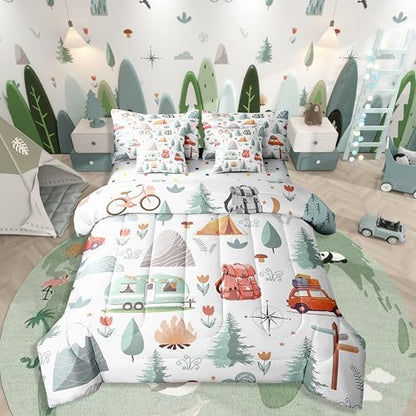 Erosebridal Kids Camper Theme 7 Pcs Comforter Set Twin Bed in a Bag,Happy Camping Bedding Set,Travel Car Rv Accessories Down Comforter,Botanical Flowers Mountain Adventure Quilt,Cute Camper Sheets