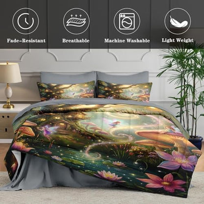 WeCozy Full Comforter Set with Sheets, 7 Pieces Fairy Mushroom Bedding