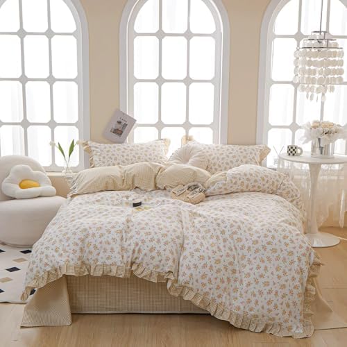 Ruffle Floral Comforter Set Full Size 3 Pieces Chic Coquette Bedding Aesthetic Flower Comforter with 2 Lace Pillowcases Romantic Ruffled Comforter Floral Cottagecore Bedding Fluffy Bed Set Full