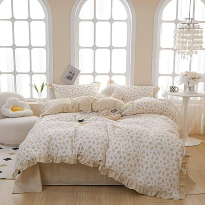 Ruffle Floral Comforter Set Full Size 3 Pieces Chic Coquette Bedding Aesthetic Flower Comforter with 2 Lace Pillowcases Romantic Ruffled Comforter Floral Cottagecore Bedding Fluffy Bed Set Full