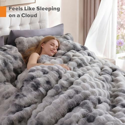 YIKUSH Queen Faux Fur Soft Comforter Set, Fluffy Rabbit FurBedding Set