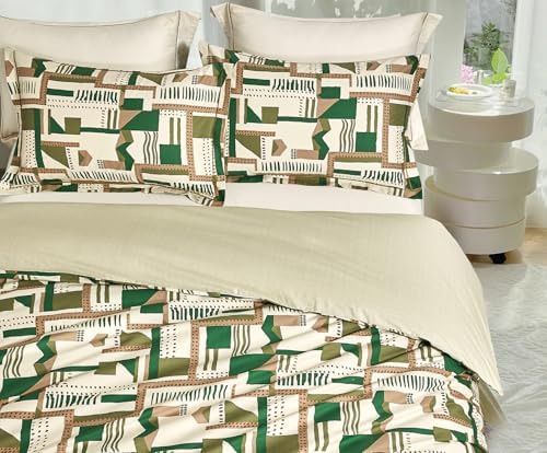SLEEPBELLA Comforter King Size, 600 Thread Count Cotton White Printed with Green & Brown Geometric Comforter Set, Down Alternative Bedding Set 3Pcs(King, Green Geometric)