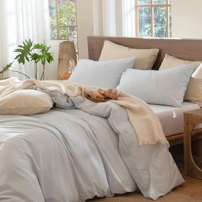 MooMee Striped Duvet Cover Set 100% Washed Cotton Linen Like King
