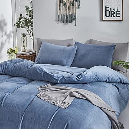 Wellboo Blue Velvet Bedding Comforter Sets Queen Size Adults Men Solid Lake Blue Fluffy Comforters Cotton Women Plain Haze Blue Flannel Quilts Warm Winter Micromink Sherpa Blankets Aesthetic Dorm Bed