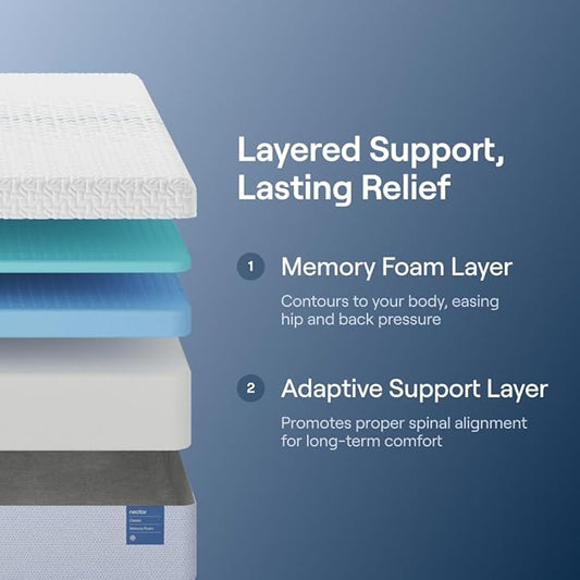 Nectar Classic 12” Queen Mattress - Medium Firm - Contouring Memory Foam - Cooling Top Layer - Back Pain Relief - Mattress in a Box - 365-Night Trial & Forever Warranty