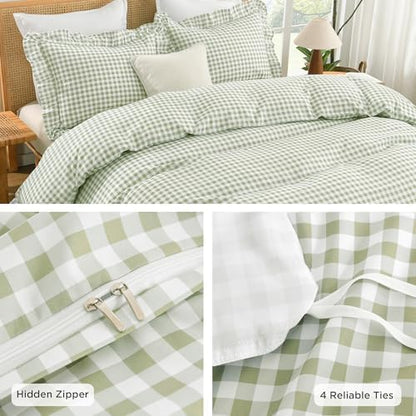 Andency Sage Gingham Duvet Cover Full, Ruffle Shabby Chic Bedding Set 3 Pcs