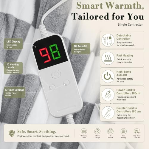Grey Electric Blanket Heated Twin 62"X84", Heating Blanket Twin