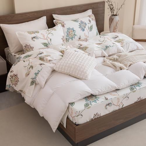 QSH Floral Bed Sheets Queen Size - 100% Egyptian Cotton Sheets Elegant Botanical Leaves Flower Pattern Printed Bedding Sheets Queen Size Bed Extra Soft and Breathable 4pcs Deep Pockets Bed Sheets