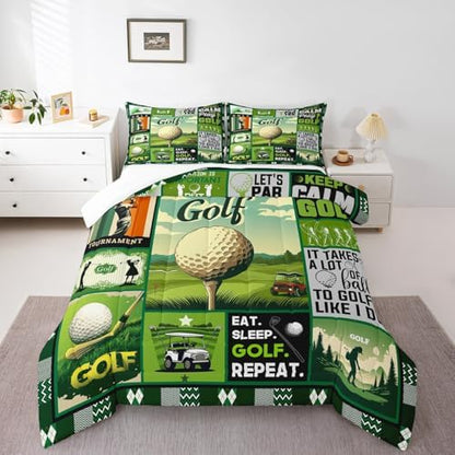 Manfei Golf Comforter Set King Size, Fashion Sports Theme Quilt Set with 2 Pillowcases, Green Lattice Patchwork Bedding Set 3pcs for Kids Boys Teens Bedroom Decor Ball Gaming Duvet Insert