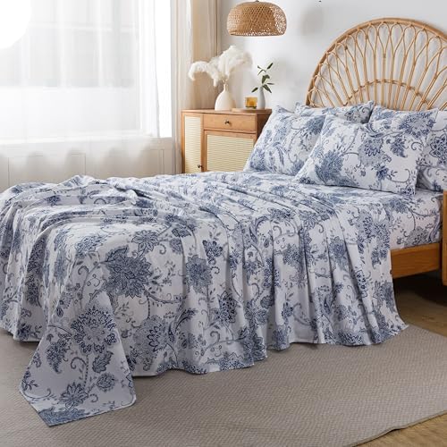 FADFAY Full Sheets Set Percale Cotton Floral Bed Sheets Deep Pocket Fitted Sheet, Luxury Blue Floral Pattern Classic European Style Bedding for All Season, Super Soft Crisp & Breathe,4Pcs