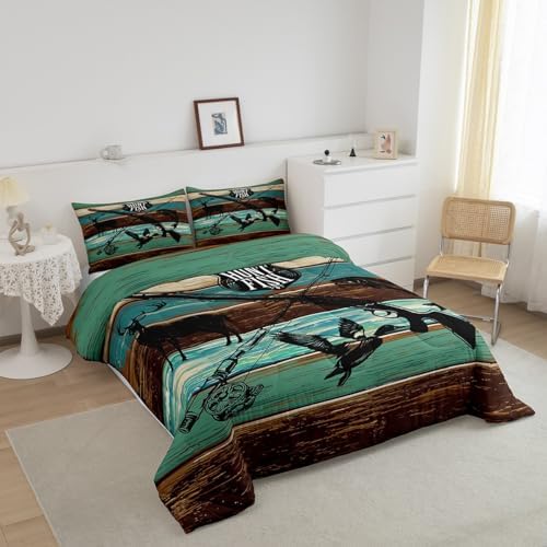 Kids Wild Animal Hunting Bedding Set for Boys Girls,Hunt Fish Themed Retro All Season Cozy Comforter Set Home Decor,Farmhouse Rustic Wooden Board Duvet Set for Chic Birthday Gift, Full Size