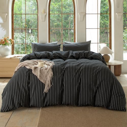 Striped Duvet Cover Set Queen Size 3 Piece 100% Washed Cotton Linen Feel Bedding Comfy Breathable Modern Farmhouse (Queen, Double Stripe-Black/White)