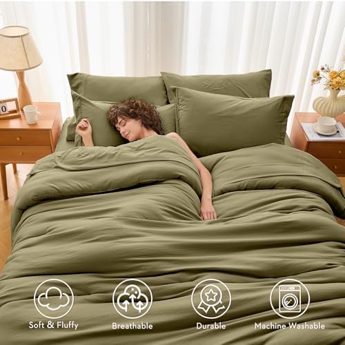 MUXHOMO 7 Pieces Oversized King Comforter Set, Soft Bed in a Bag Oversized King Size, All Season Bedding Set with Comforter, Flat Sheet, Fitted Sheet, Pillowcases & Shams, Olive Green