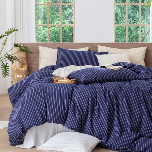 MooMee Striped Duvet Cover Set 100% Washed Cotton Linen Like King