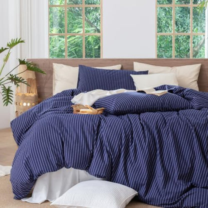 MooMee Striped Duvet Cover Set 100% Washed Cotton Linen Like Queen