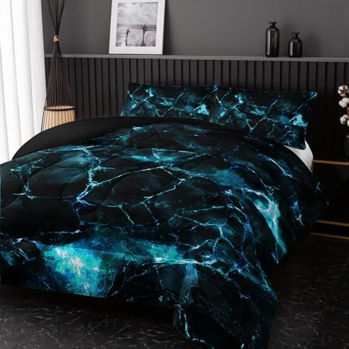 Nttopship Blue Comforter Set King Size，Blue Marble Bedding Set 3 Pcs Bedding for Adults, Marble Room Decor with Comforter and 2 Pillowcases Soft and Lightweight B-Side Black