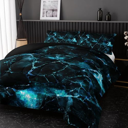 Nttopship Blue Comforter Set King Size，Blue Marble Bedding Set 3 Pcs Bedding for Adults, Marble Room Decor with Comforter and 2 Pillowcases Soft and Lightweight B-Side Black