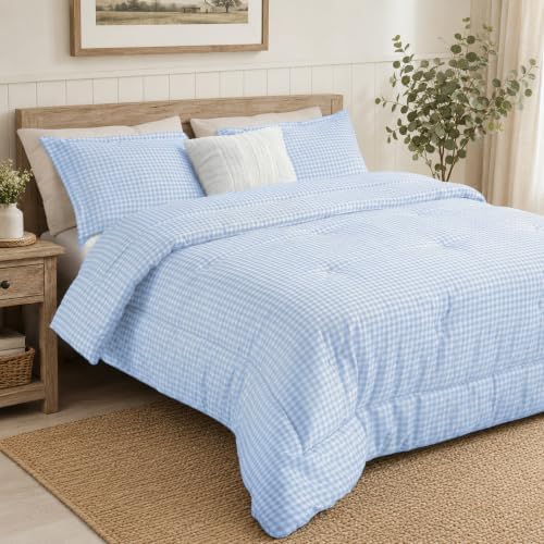 King Comforter Set, Fluffy Blue Gingham Plaid Bedding, 3 Pieces