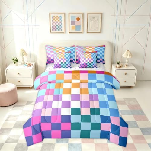 Feelyou Multicolored Checkered Retro Bedding Sets Kids Boys Girls Geometric Vintage Comforter Bed in a Bag Full Size Rainbow Colorful Bed Duvet Insert Modern Groovy Aesthetic Room Decor