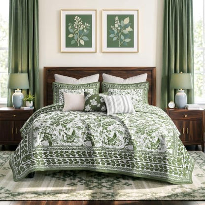 FLYMME Green Vintage Floral Quilt Set King/Cal King Size, 3-Piece Classic Reversible Bedspread Coverlet with 2 Pillow Shams, Lightweight Botanical Bedding Set for All Season