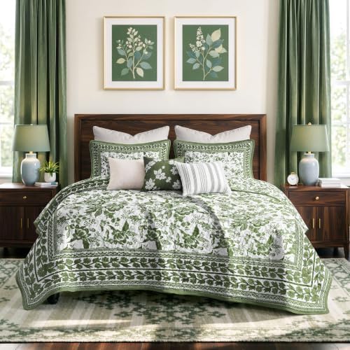 FLYMME Green Vintage Floral Quilt Set Full/Queen Size, 3-Piece Classic Reversible Bedspread Coverlet with 2 Pillow Shams, Lightweight Botanical Bedding Set for All Season
