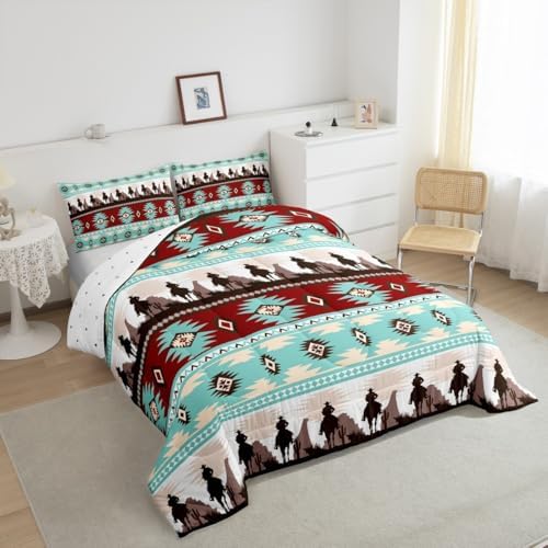 Feelyou Boho Comforter Set Queen Size Horses Comforter Southwestern Native Aztec Bedding Set Farmhouse Wildlife Duvet Set Room Decor Light Blue Quilt Set