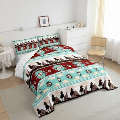 Feelyou Boho Comforter Set Queen Size Horses Comforter Southwestern Native Aztec Bedding Set Farmhouse Wildlife Duvet Set Room Decor Light Blue Quilt Set
