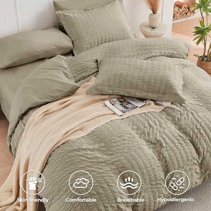 HYMOKEGE Linen California King Comforter Set Seersucker 7 Pieces, All Season Luxury Bed in a Bag for Bedroom, Bedding Set with Comforter, Sheets, Pillowcases & Shams