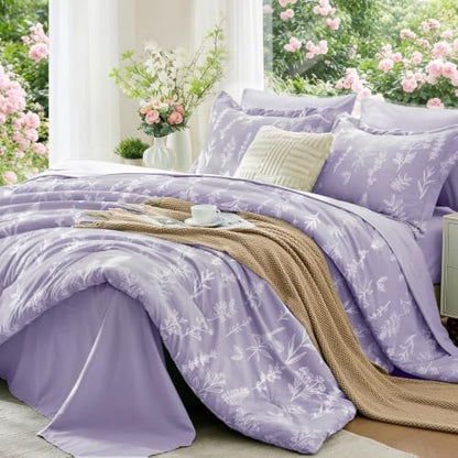 MUXHOMO Lavender Cal King Comforter Set, Elegant Floral Print Bed in a Bag 7 Pieces, Ultra Soft & Breathable Reversible Botanical Pattern Bedding Set with Comforter, Sheets, Pillowcases, and Shams