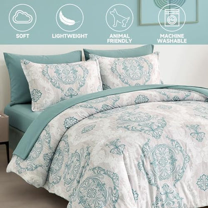 WONGS BEDDING Aqua Comforter Set King Size, Damask Texture 7 Pieces Bed in a Bag Microfiber Bohemian Comforter Bedding Sheet Set with Comforter, Flat Sheet, Fitted Sheet, Pillow Shams, Pillowcases