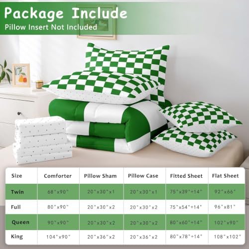 Feelyou Checkered Retro 7 Piece Bedding Set Teen Women Men Green White Plaid Comforter Set with Sheets Full Size Kids Boys Geometric Vintage Bed in a Bag Modern Simple Groovy Aesthetic Room Decor
