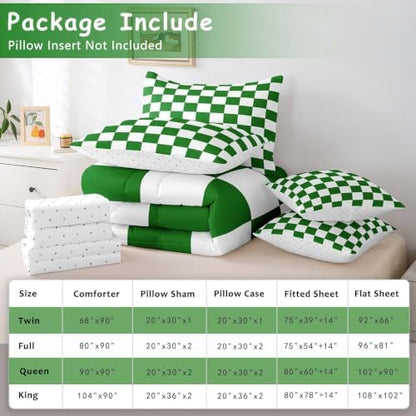 Feelyou Checkered Retro 7 Piece Bedding Set Teen Women Men Green White Plaid Comforter Set with Sheets Full Size Kids Boys Geometric Vintage Bed in a Bag Modern Simple Groovy Aesthetic Room Decor