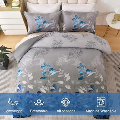 DJY King Size Comforter Set, Dark Grey Botanical Leaves Comforter Set King, 3 Pieces Reversible Blue Floral Bed Comforter Sets Soft Microfiber Bedding Comforter Set for All Season (90"x104")