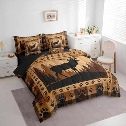 Erosebridal Plaid Deer Bed in A Bag 7 Pcs Vintage Rustic Wildlife Comforter Set for Women Men Animal Bear Paw Hunting Bedding Sets King Countryside Forest Cabin Sheet Set with Comforter