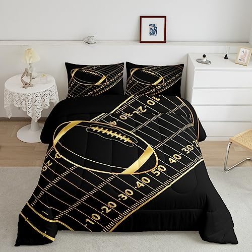 Castle Fairy American Football Comforter Set Full Size Geometric Lines Football Field Bedding Set for Kids Boys Girls Teens Room Decor Ball Sport Games Quilt Set Fashion Gold Black Duvet Insert 3Pcs