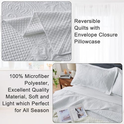 Qucover Alaska King Bedspread 132x 120, Oversized King Bedspread Extra Wide, 3 Piece Soft Microfiber Lightweight Oversized King Quilt Bedding Set, Vintage Persian Pattern, with Pillow Shams, White