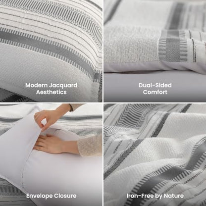 SLEEP ZONE Comforters Queen Set, Modern Striped Bedding Set Gray 3 Pcs
