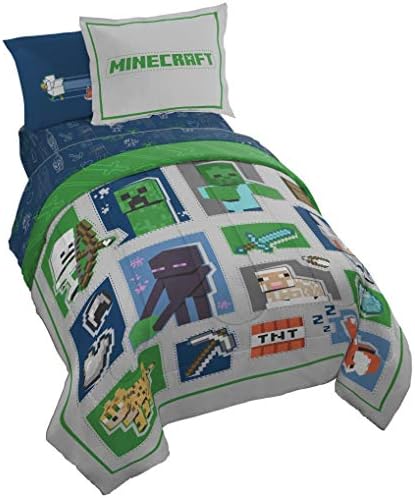 Jay Franco Minecraft 5 Piece Twin Bedding Set - Includes Reversible Comforter, Sheets and Pillowcases - Features Creeper, Ghost, Zombie and Enderman