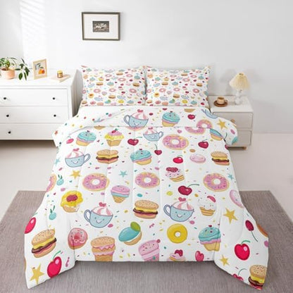 Homewish Cute Donuts Comforter Set,Ice Cream Bedding Set for Kids Girls Boys,Teens Adults Cherry and Cake Comforter,Sweet Theme Quilted Duvet Set Bedroom Collection Twin Size 2Pcs