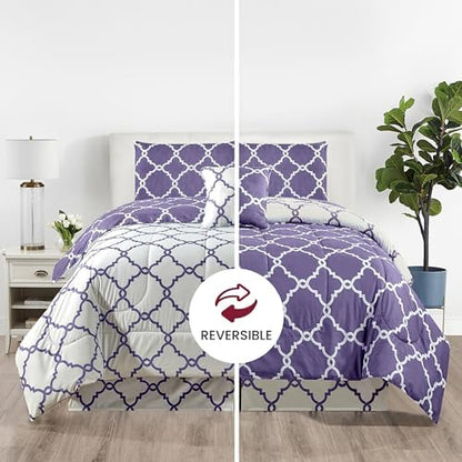 LUX Décor Reversible 5pc Queen Comforter Set, Printed Bedding Set, All-in-One Bed in a Bag, Includes 1 Comforter, 2 Pillow Shams, 1 Decor Pillow & 1 Bed Skirt (Quatrefoil Lavender,Queen)