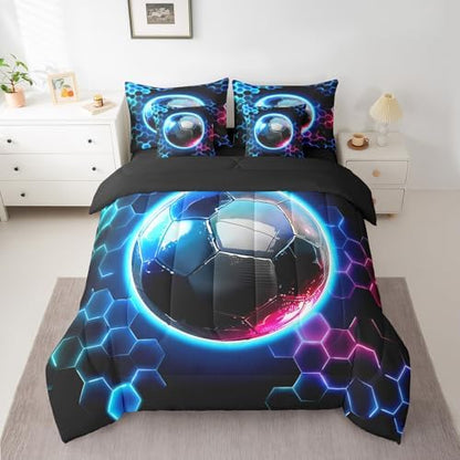 Erosebridal Boys Soccer Comforter Sets with Sheets - Geometric Honeycomb Bedding Set King for Boys Girls Colorful Neon Lights 7Pcs Bed in A Bag, Hexagon Sports Gamer Bed Set
