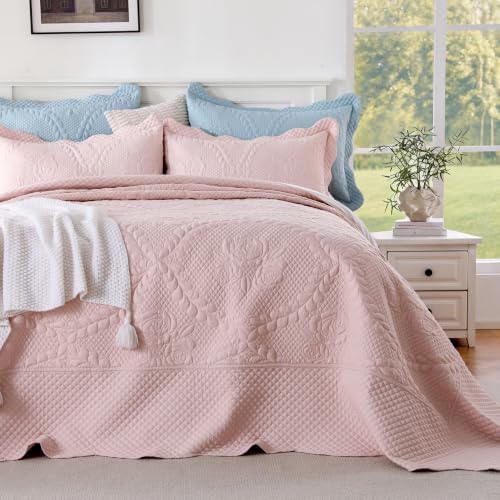 EVENHUG Oversized King Bedspreads California King Quilt Set with Pillow Shams Extra Wide Large King Size Quilts Lightweight Coverlet Bedding Sets Pink 120"x120"